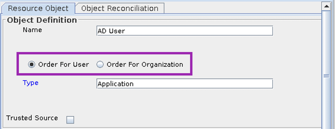 Screenshot of an Oracle Identity Manager Design Console Resource Object - Order For User / Organization Name property