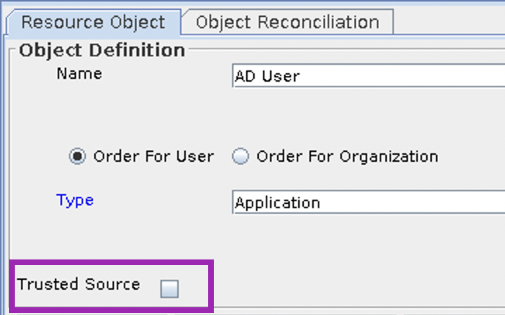 Screenshot of an Oracle Identity Manager Design Console Resource Object - Trusted Source tick-box property