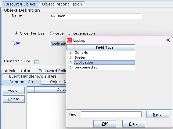 Screenshot of an Oracle Identity Manager Design Console Resource Object - Type property