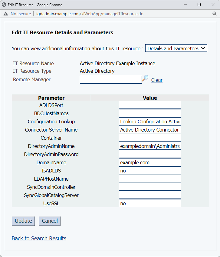 Screenshot of Oracle Identity Manager (OIM) Sysadmin System Administration UI Screen -> It Resource Instance.