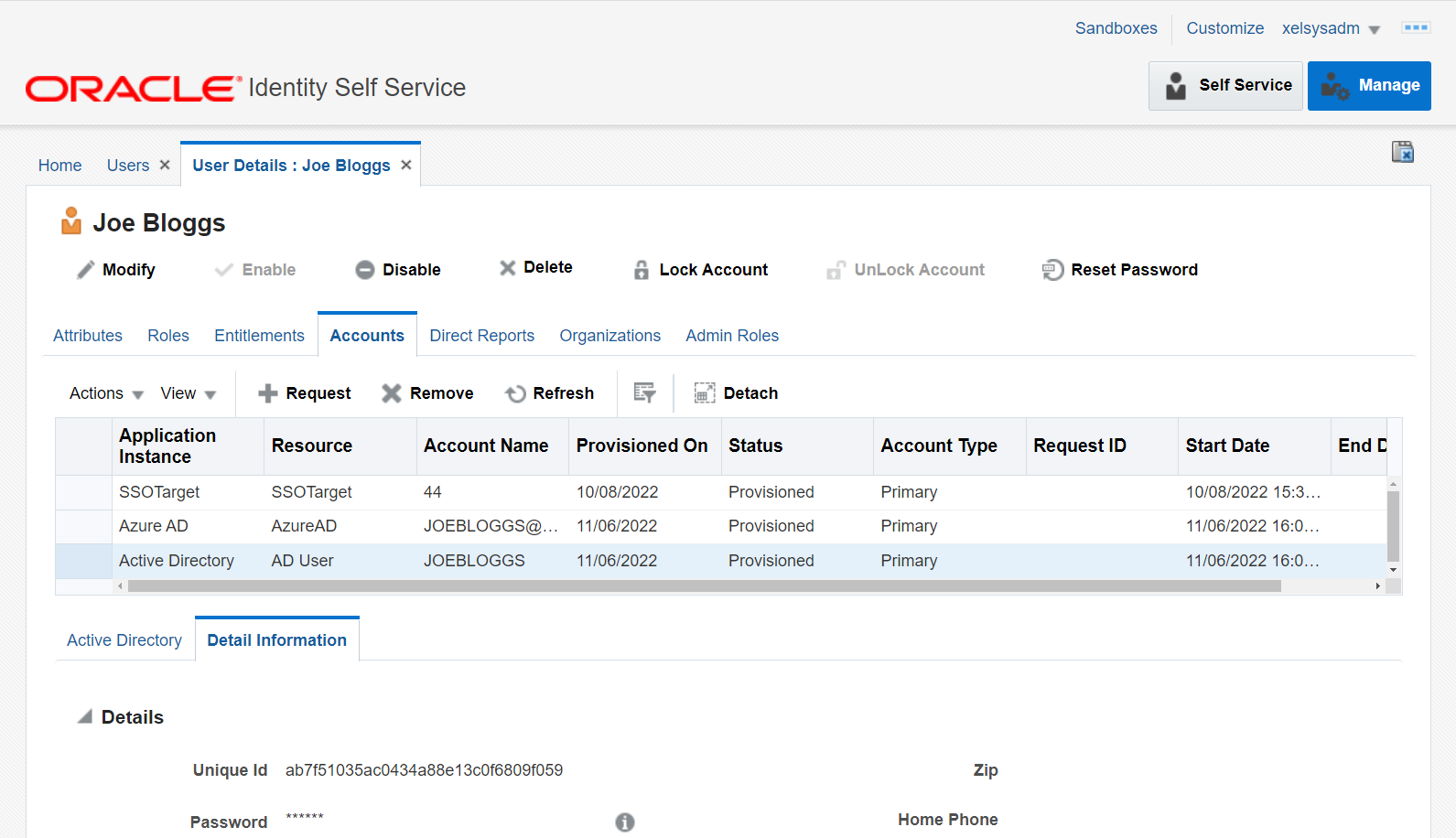 Screenshot of Oracle Identity Manager (OIM) Self Service UI Users -> Accounts Screen