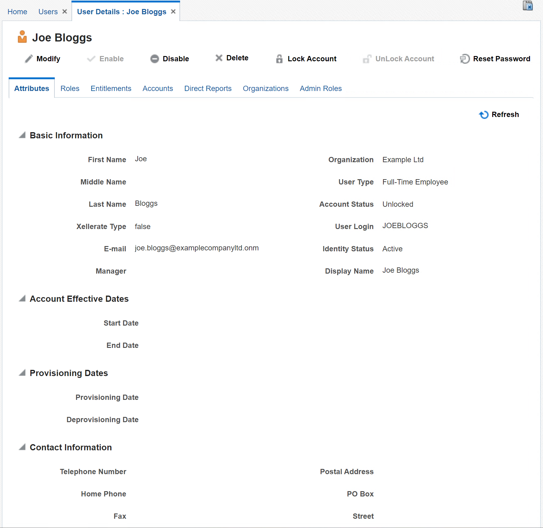 Screenshot of Oracle Identity Manager (OIM) Self Service UI Users -> Attributes Screen